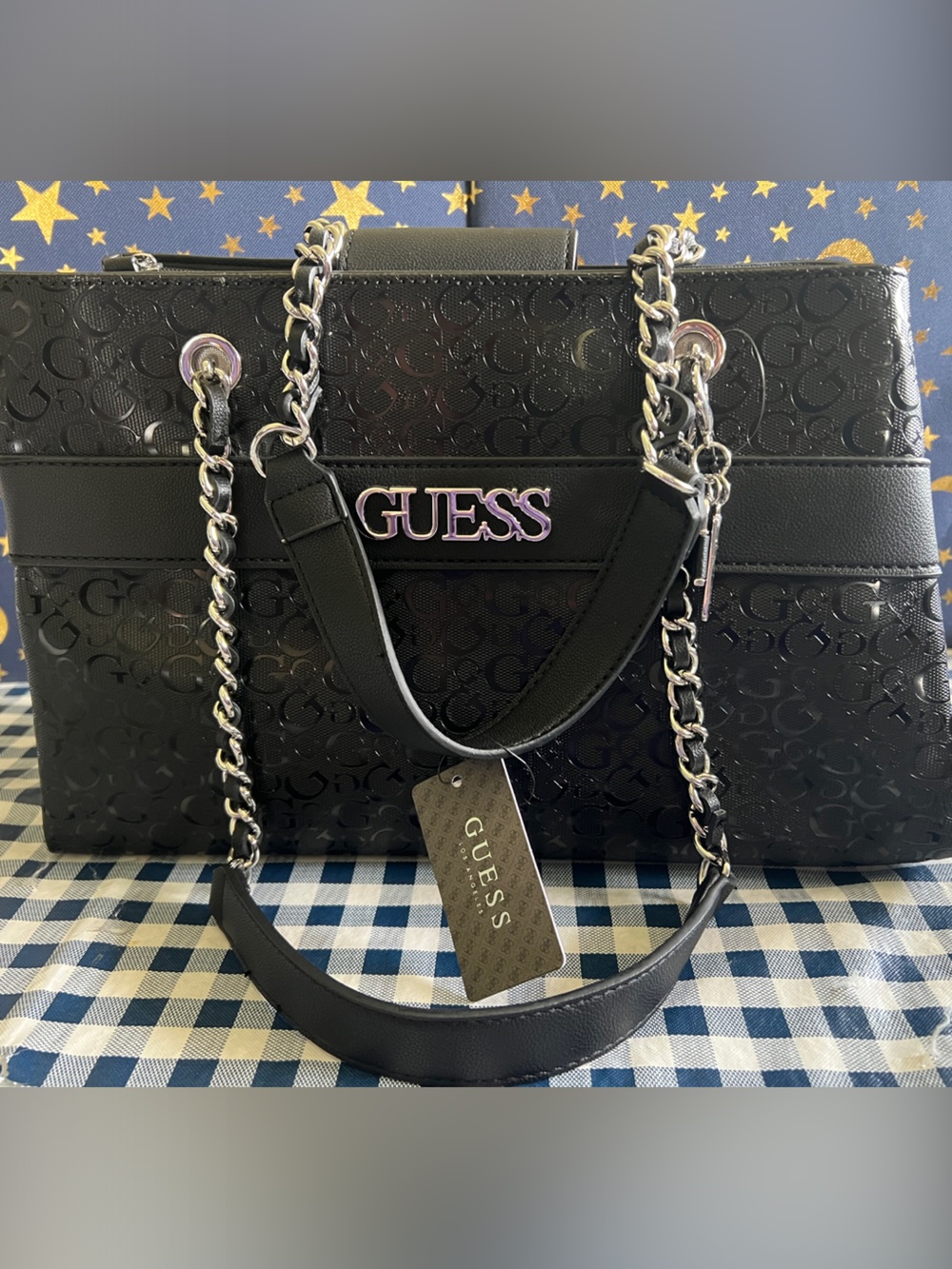 Guess Black Embossed Logo Tote with Silver Chain Handles NWT